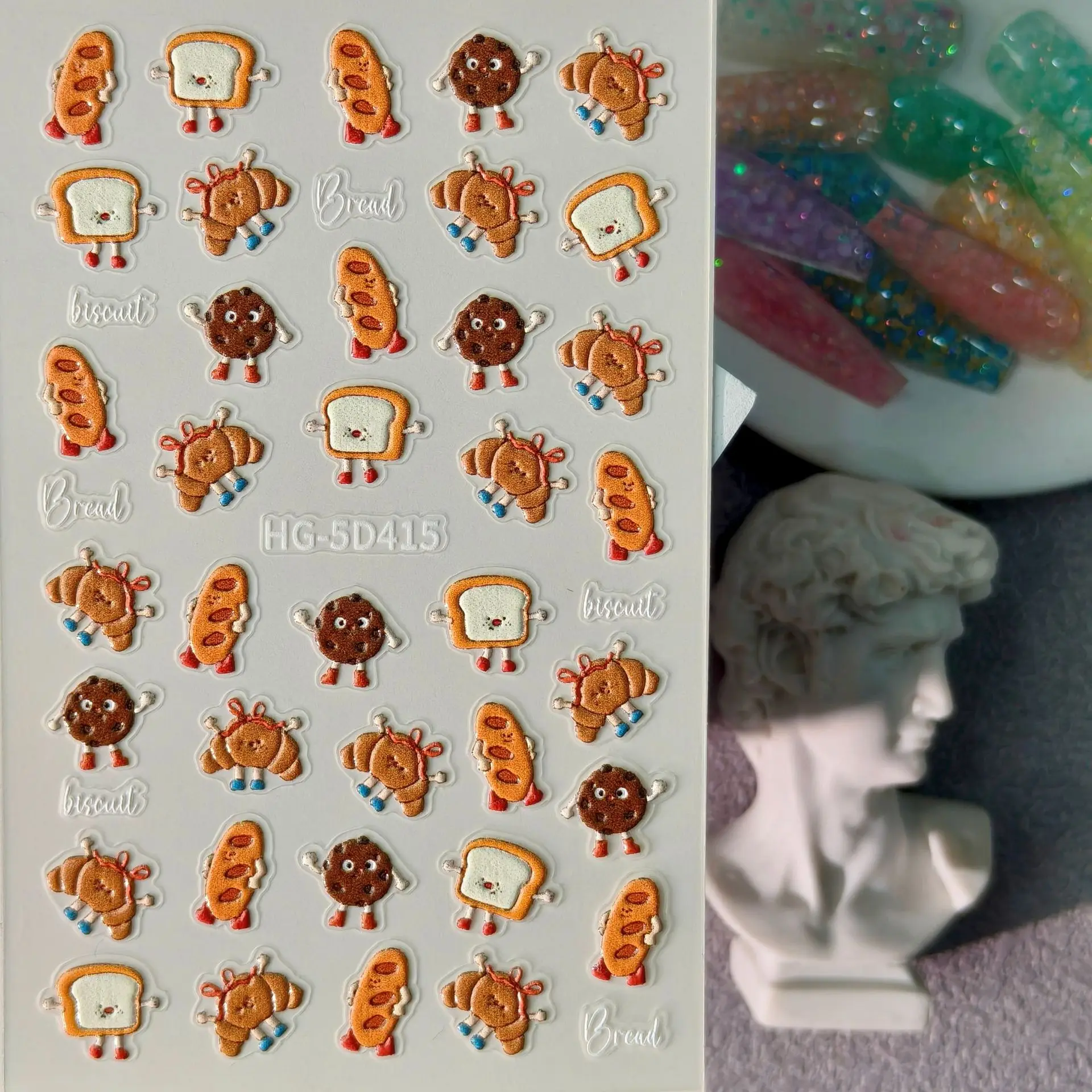1 Set 5D Embossed Cute Bread Biscuit Nail Stickers Cherry Mushroom Self Adhesive DIY Manicure Nail Art Decor Ornaments