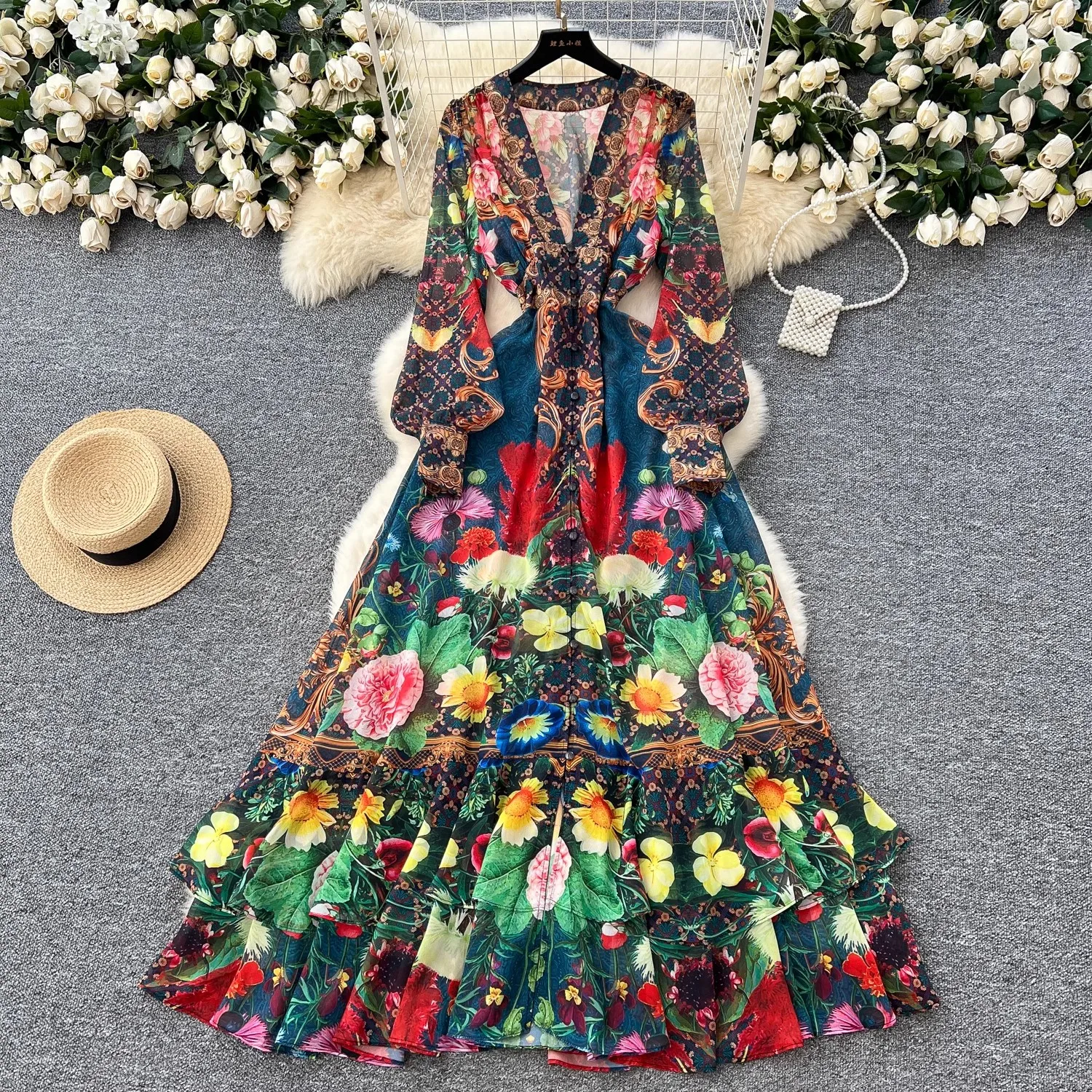 Verão boêmio lindo flor cascarding vestido feminino sexy com decote em v manga longa lanterna chique floral impressão férias boho vestidos