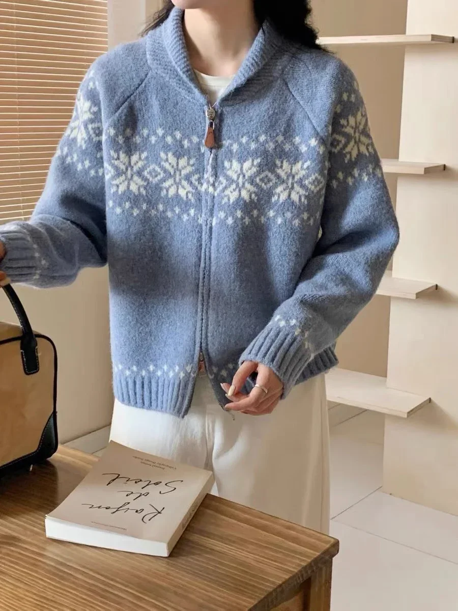 

Women's Spring Autumn Lazy Sle Double Zipper Long Knitted Open Soft Gentle Wind Retro Fair Isle Knitted Sweater Coat