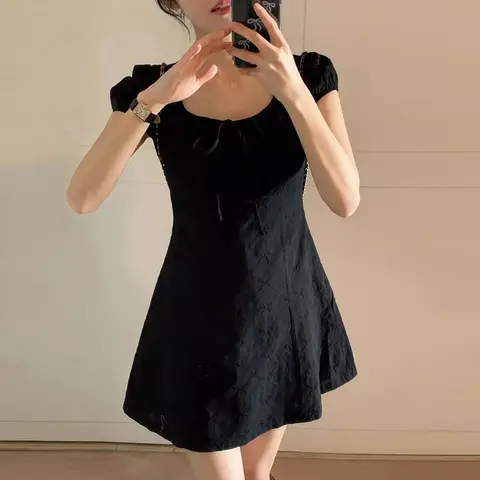 세련된 여름 부드러운 노화없는 스퀘어 넥 보우 타이 슬리밍 작은 사이즈 여성 드레스 한국 스타일 하이 웨스트 반팔