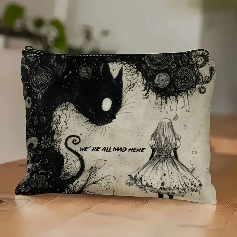 Trousse de maquillage avec illustration de chat noir mystique et de fille – Conception de conte de fées sombre enchanteresse, pochette de voyage pliable et légère