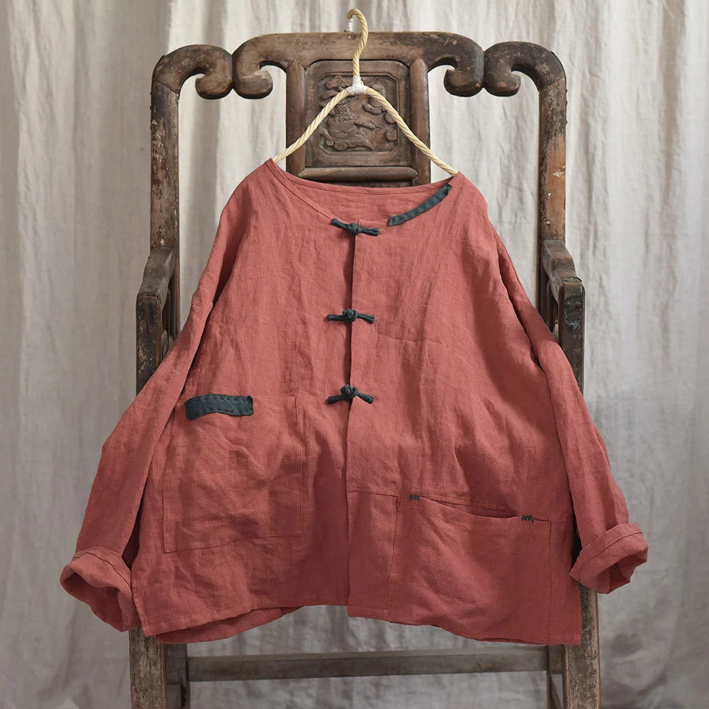 여성용 긴팔 리넨 셔츠, 빈티지 O넥 단색, 루즈한 여성 캐주얼 상의 셔츠, M470, 2025 용수철 중국 스타일, 신상