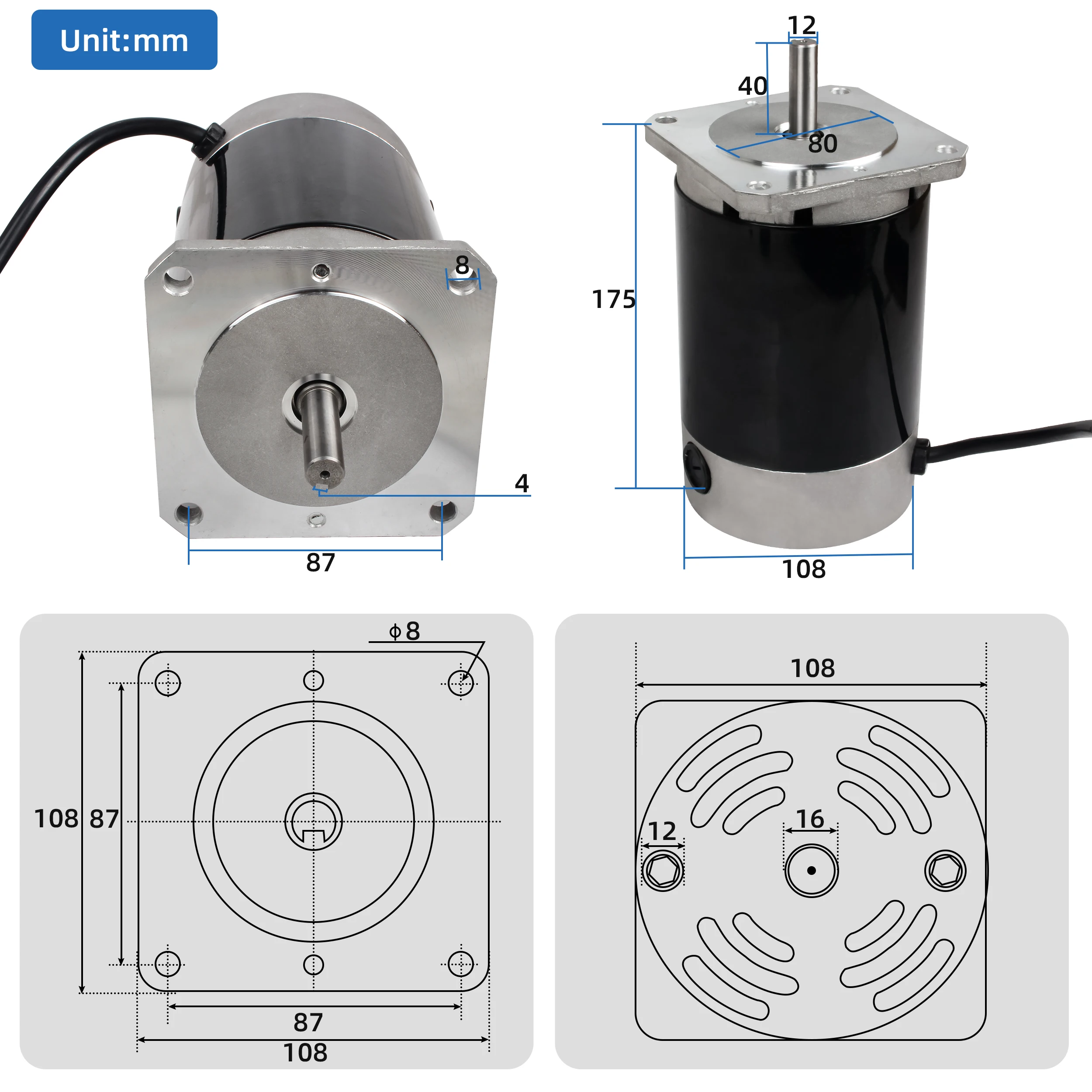 900W Lathe Brushed Motor 110V Or 220V 12mm Shaft 4100rpm Square Flange