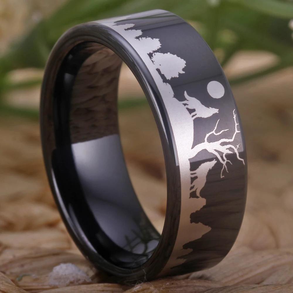 8mm Black Pipe Tungsten Carbide Wedding Ring Wolf Lasered Seagull/Forest Landscap/Panda/Deer/Hunting/Fl Anniversary Ring