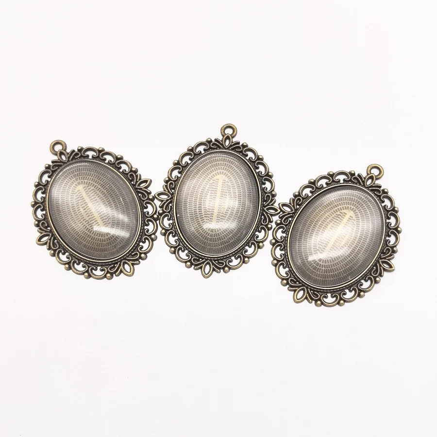 3 Sets Antique Bronze Flower Necklace Pendant Jewelry Making Tone Alloy Rectangle Cameo Setting Tray And Glass 61*48*8mm Pendant