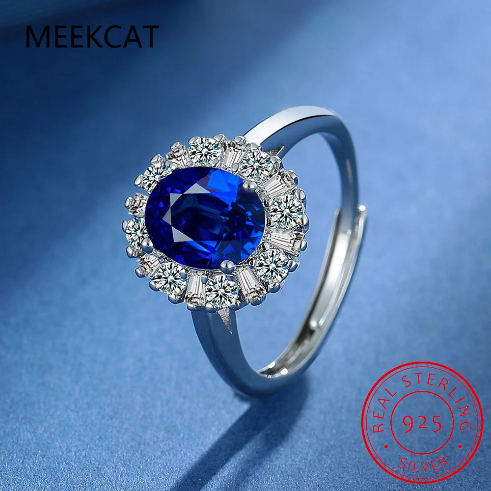 

Oval Cut Created Blue Sapphire 925 Sterling Silver High Carbon Diamond Ring for Women Fashion Gemstone Jewelry Wedding Gift
