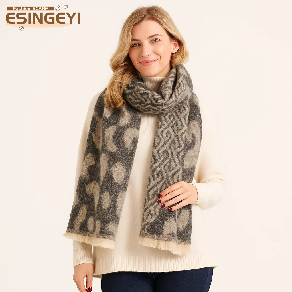 ESINGEYI 2025 зимние шарфы, женские платки, пряжа-петля, круг, женский шарф, шейный платок, волосатая кисточка, клетчатая красочная шаль с цветочным принтом