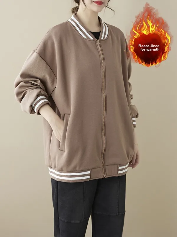 เสื้อคลุมสไตล์เรโทรลายทางต่อผ้าสำหรับผู้หญิงไซส์ใหญ่ คอตั้ง แขนยาว ซิปเปิด