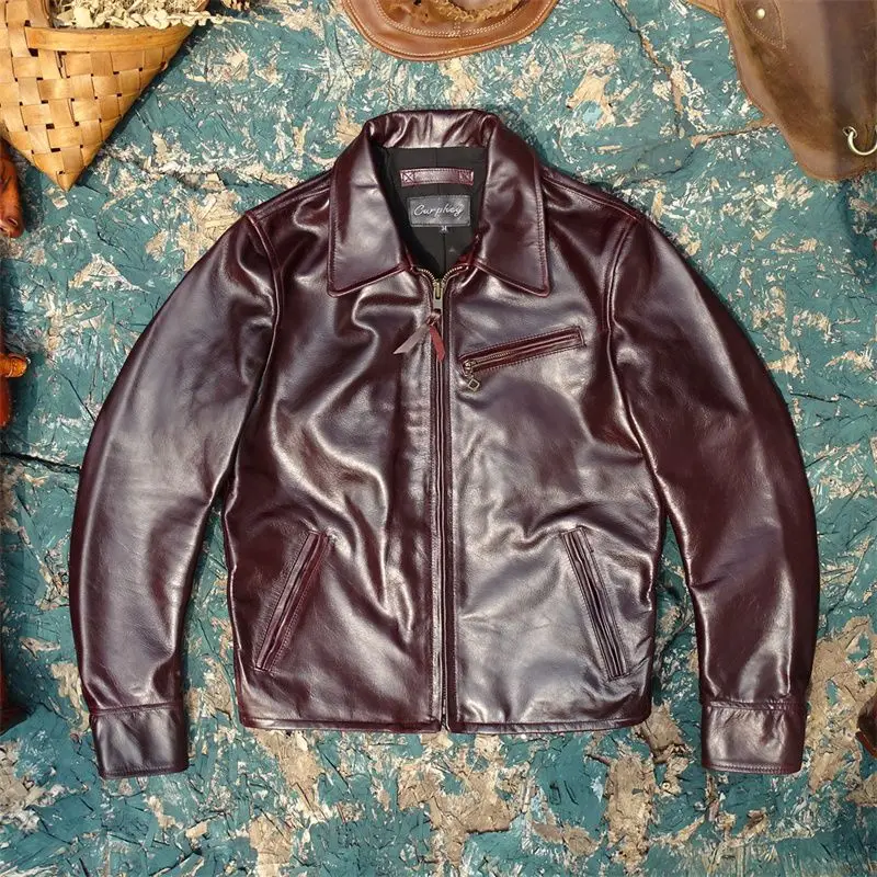 Men's 1930S Retro Biker Jacket, Waxed Purple Black Genuine Top Cowhide, Classic Notched Lapel Motorcycle Coat