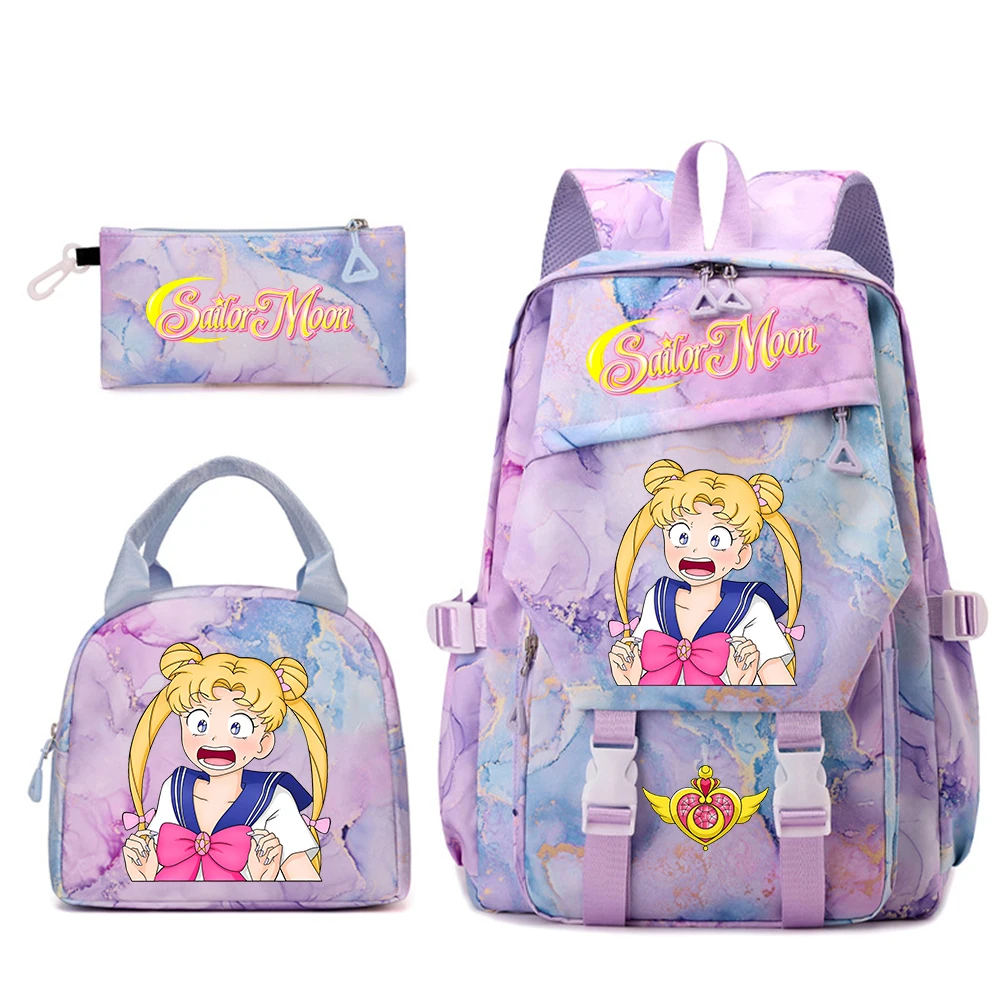 セーラームーンアニメスクールバックパックセット-3個入り-女の子用-ランチバッグ-ペンシルケース付き-カジュアル-軽量-学生用ブックバッグ
