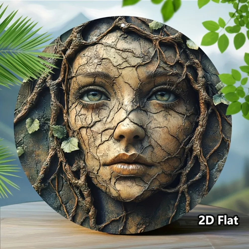 2D flach, 2D flach 1 Stück, Vintage-Blechschilder, Baum mit dem Gesicht, Frau, Retro-Aluminium, kreisförmiges Metallschild, Kranzschilder, Hängeschild