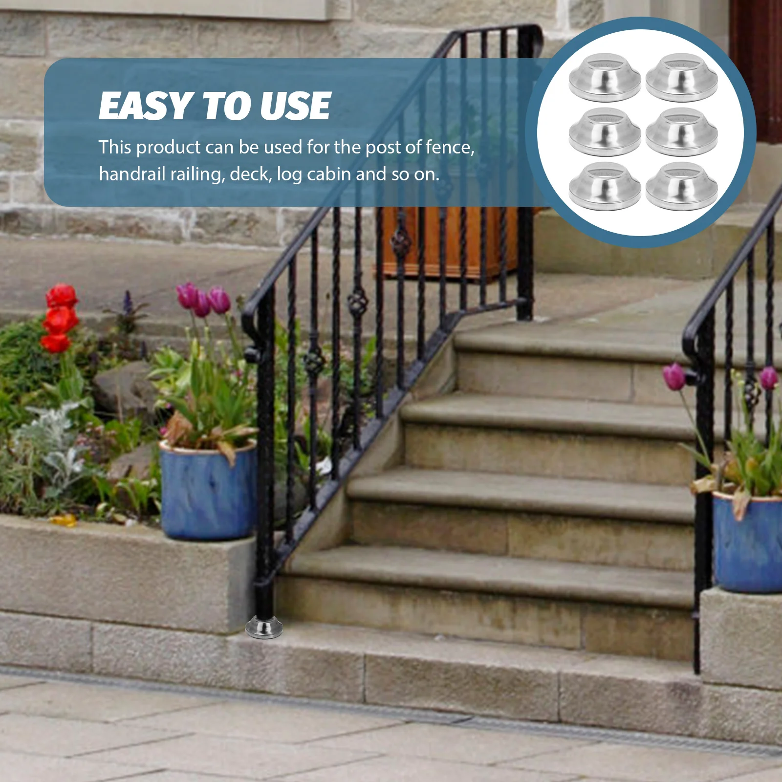 

6pcs Stainless Steel Railing Post Base Covers Decorative Column Wraps for Fence Handrail Deck Porch Trim Anchors Skirt Flange
