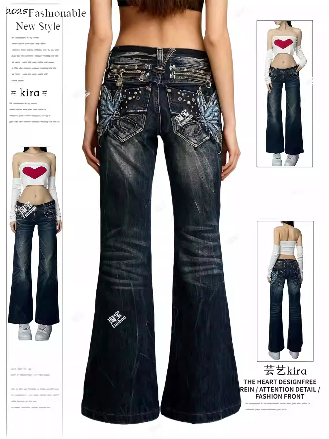 Women's Low Rise Jeans Punk Embroidery Designer Denim Pants Japanese Abi Y2k Gyaru Cowboy American Retro Jeans High Quality Jean