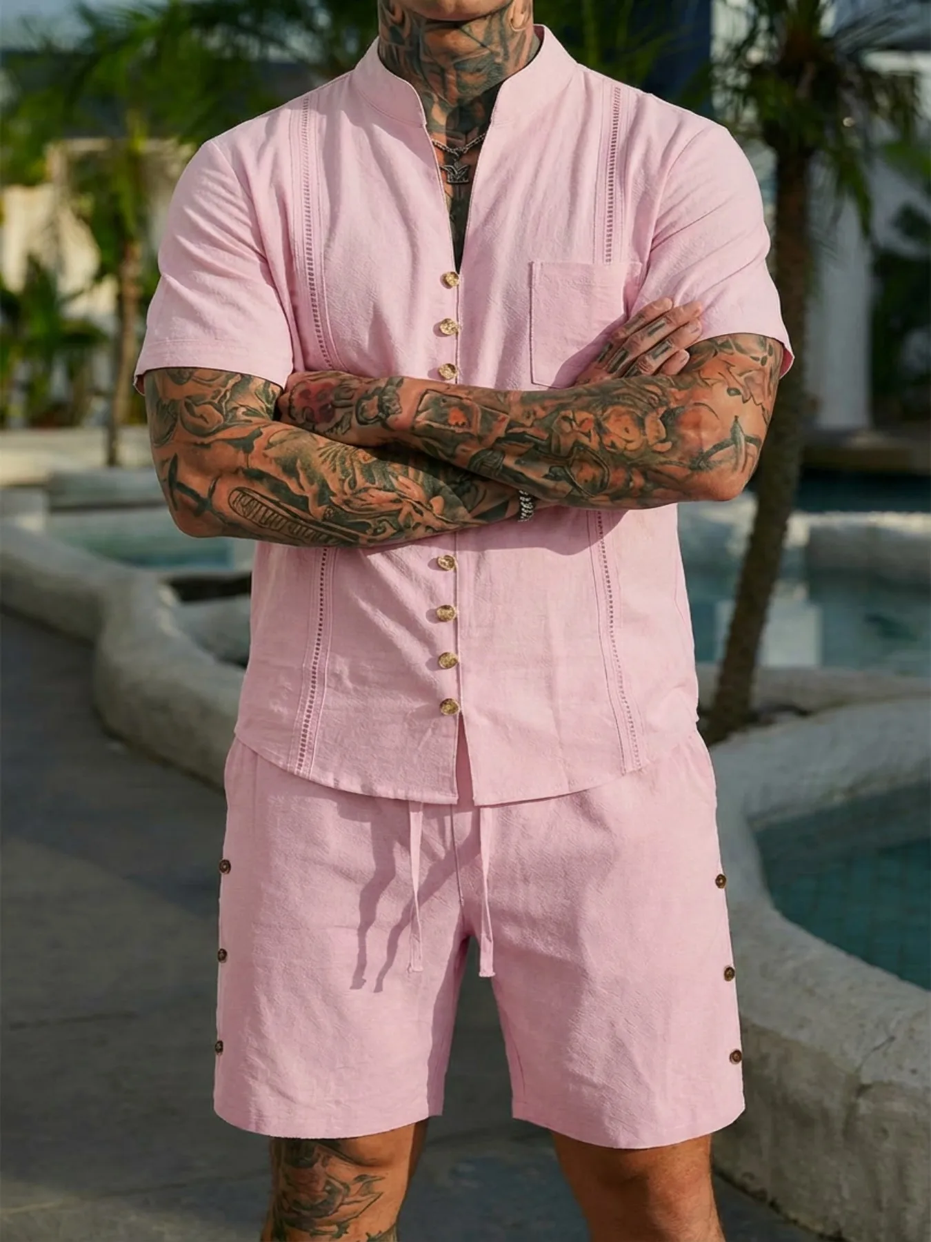 

Summer Men's Two-Piece Linen Set: V-neck button-down shirt and shorts ensemble, stylish, casual and comfortable vacation wear