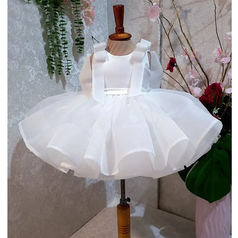 Puffy White Flower Girl Dresses Knee Length Wedding Party Dress Big bow Toddler Baby Birthday Pageant Ballet Tutu Dress