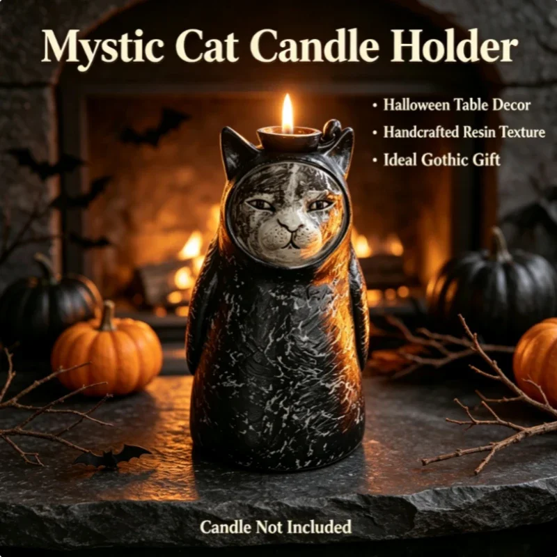 Hooded Black Cat Figurine Candle Light Set of 3 Retro Crackled Resin Statue Halloween Gothic Home Decor Desktop Ornament