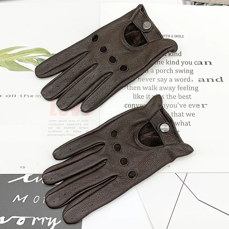 Summer Driving Sheepskin Full Finger Leather Gloves For Men's Thin Hollow Unlined Motorcycle Riding Men's Fashion Driver Gloves