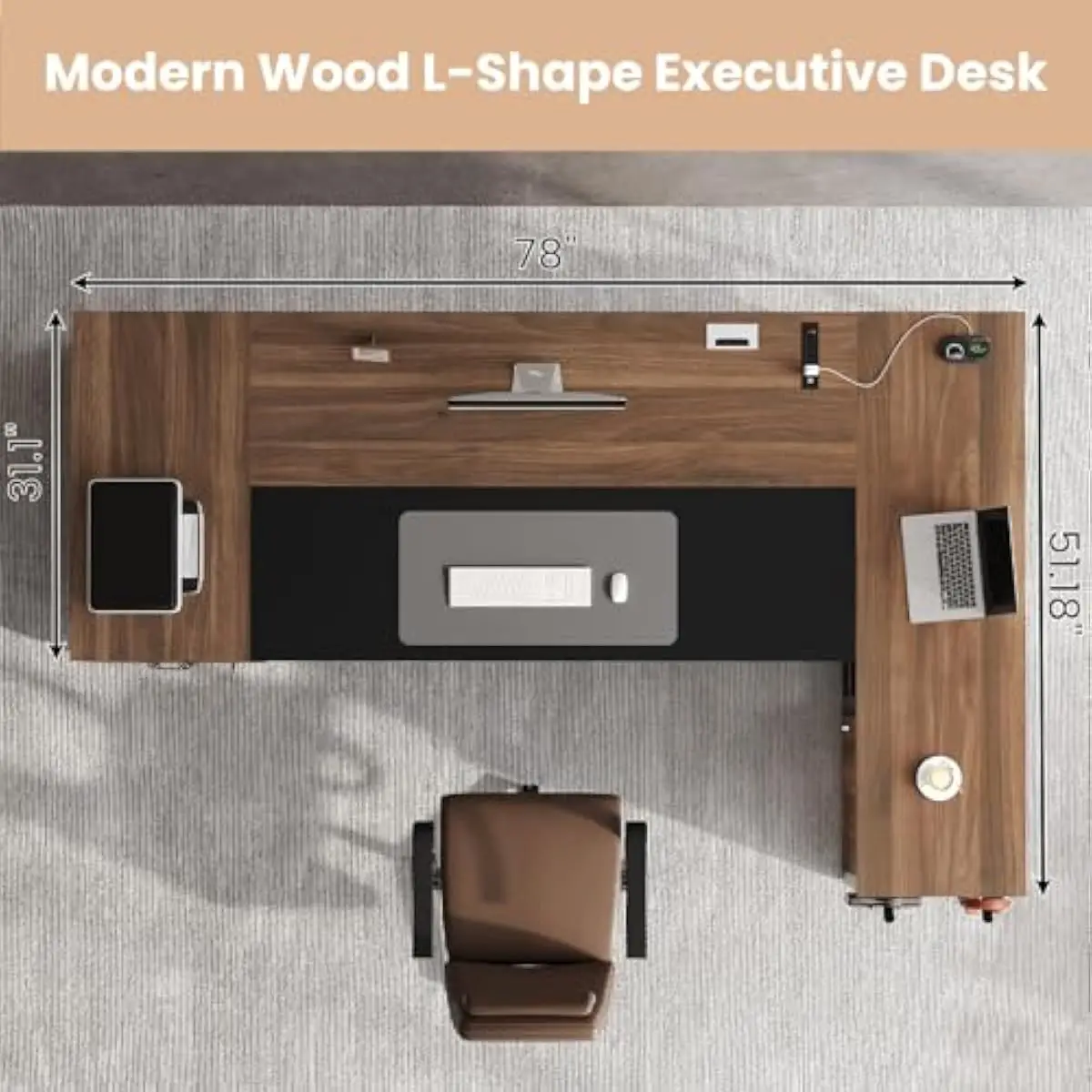 78 Inch L Shaped Executive Workstation Featuring Reversible Layout Power Hub With 4 Outlets 2 USB Ports Adjustable Storage Drawe