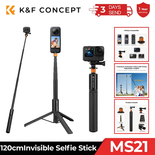 K & F Concept-extensión de palo de Selfie Invisible de 120cm, poste largo para cámara deportiva Insta360 GoPro DJI OSMO Pocket 3, monopié extendido