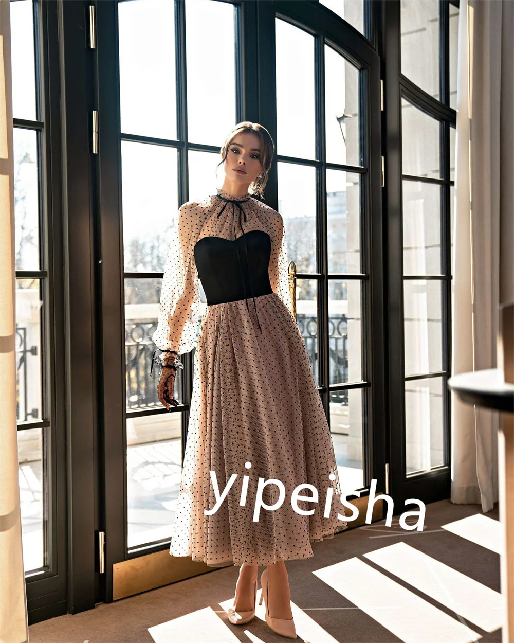 Customized Tulle Pleat Bow A-line High Collar Midi Dresses Evening Dresses Sizes Available Exquisite Intricate Classic Formal