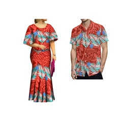 Tongan Puletasi Dress Puletaha Bell Sleeve Top Long Mermaid Bodycon Skirt Suit Cyathea Dealbata Print Hawaiian Dresses