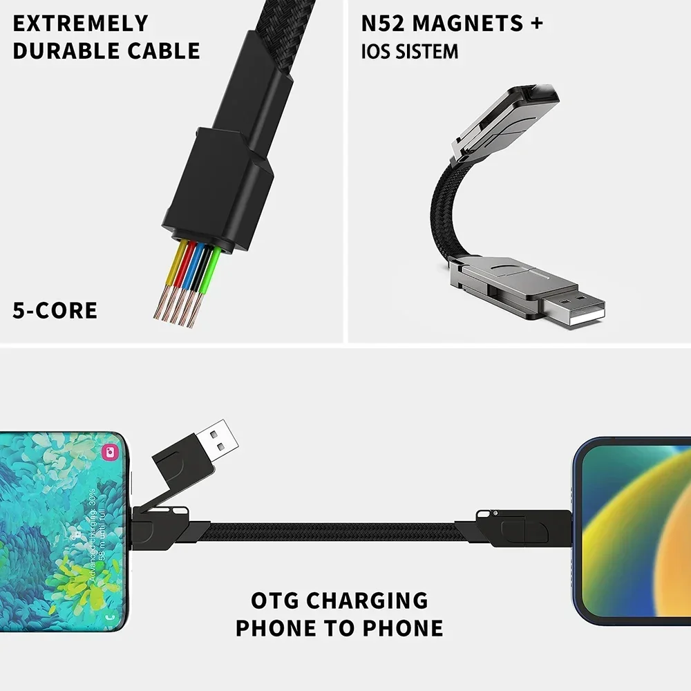 Multi Charging Cable Short For Travel Portable Magnetic Keyring 4 in 1 Fast Charger Cord PD 60W USB A/C to Type C For Phone Pads