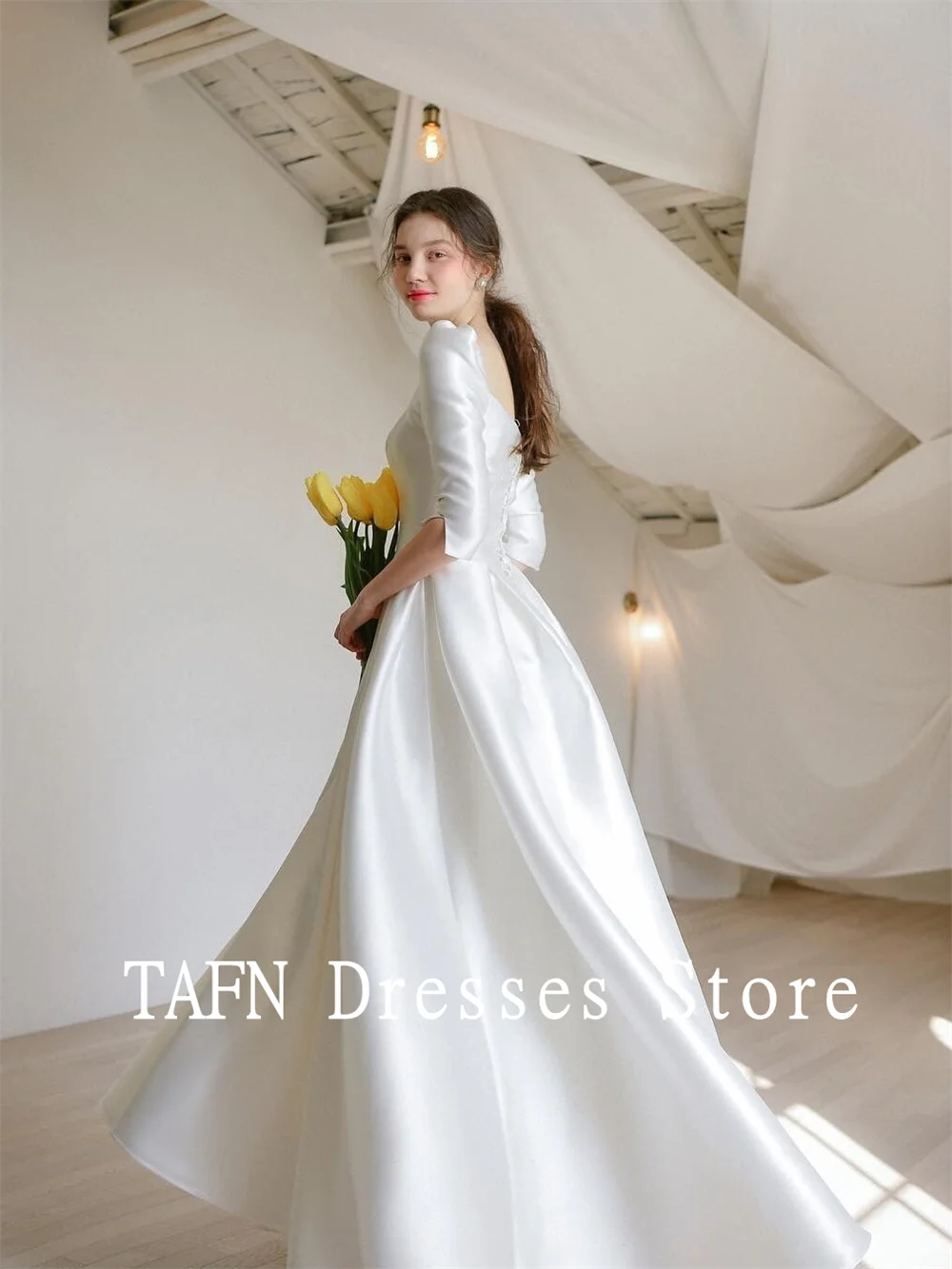 Tafn weiß Satin Brautkleider A-Linie drapiert Schaufel kragen lange Ärmel Brautkleid maßge schneiderte Fotoshooting Korea Kleider