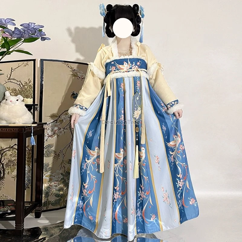

2025 chinese improved retro women's winter tang dynasty hanfu thickened hanfu chest-length blouse and skirt printed hanfu set
