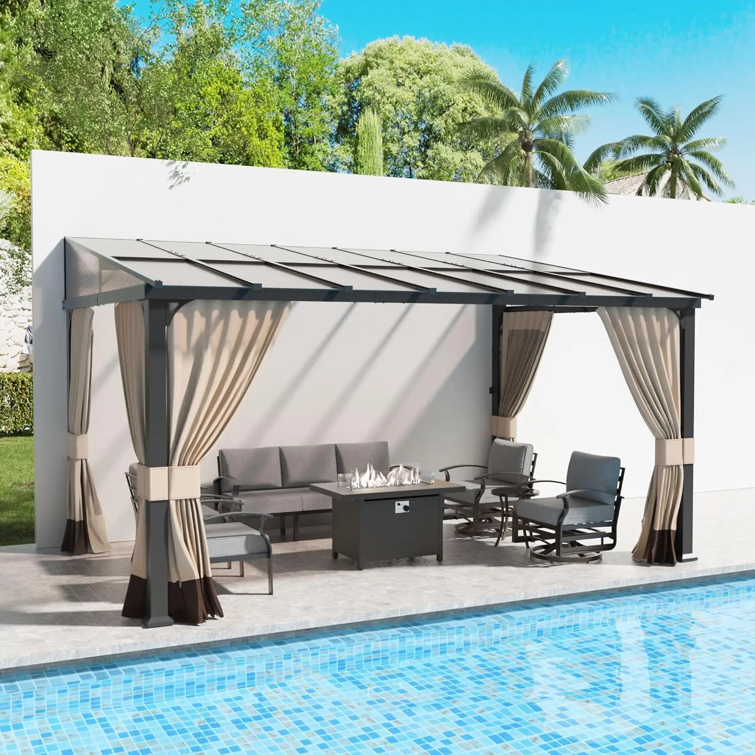 

10' x 14' Hardtop Gazebo, Patio Pergola, Sloping Polycarbonate Roof, Aluminum Frame, Netting Curtain, Patio Deck Awnings - Sand