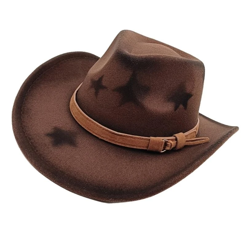 

652F Homburg Cowboy Hats with Star Print Maillard Belt Trim Hat Top Hat Classical Porkpie Hat for Boy Men Headwear