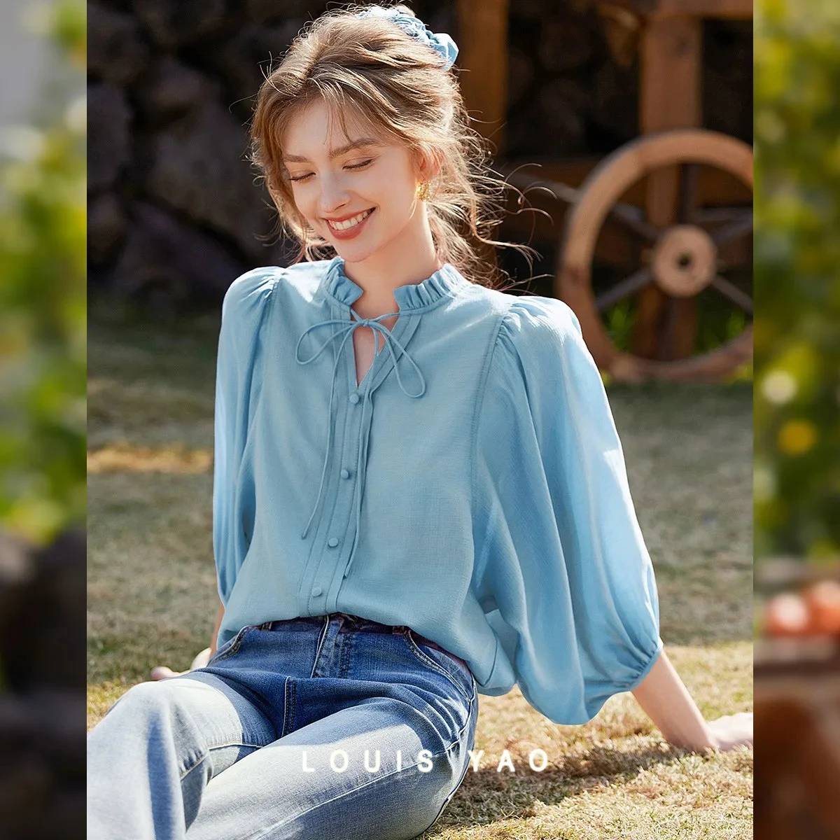 LOUIS YAO New Wood Ear Edge Round Neck Tie Women's Shirt 2025 Spring No Elastic Retro Solid Colour Bubble Sleeve Loose Shirt