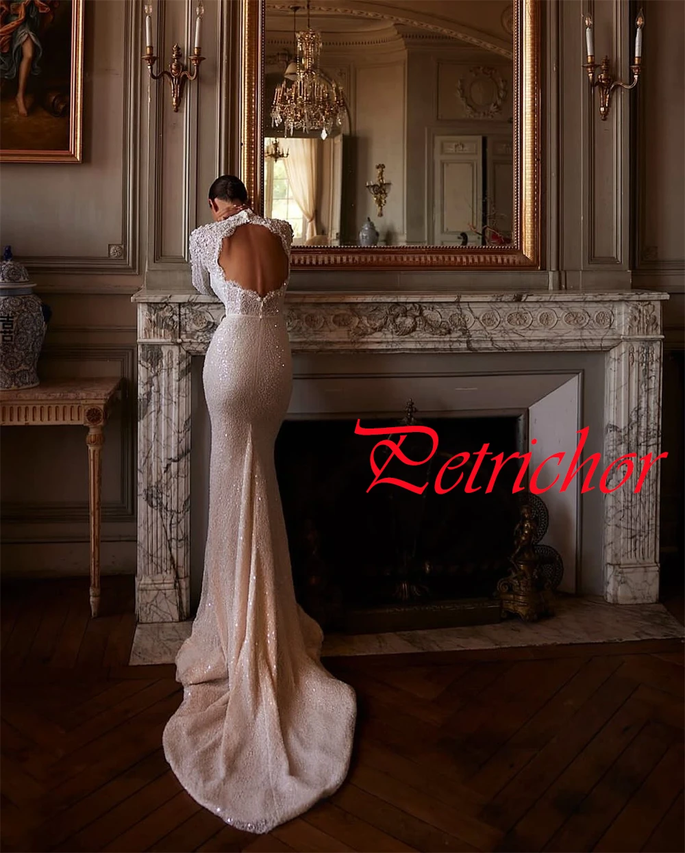Robe de mariée en Organza blanc de haute qualité, personnalisée, tempérament, décolleté haut, manches longues, robe de mariée avec traîne chapelle