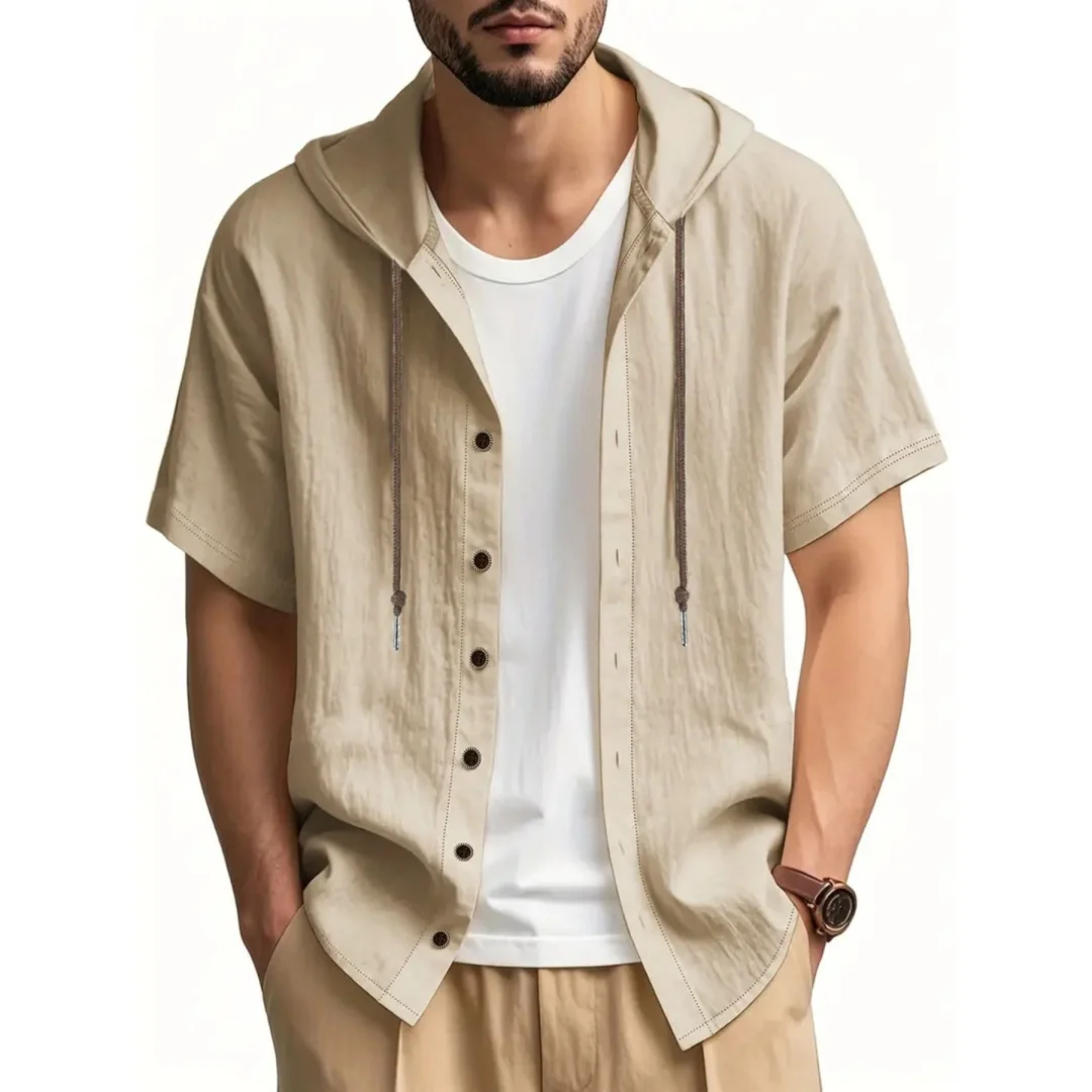 Men's Cotton Linen Shirt Short Sleeve Breathable Lightweight Solid Color Drawstring Hooded Shirts Casual Classic Simple Tops
