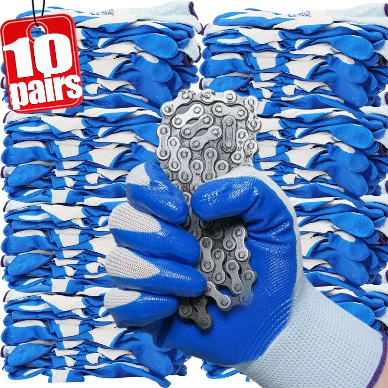 

1/10 пар нескользящих износостойких нитриловых перчаток, дышащие, промышленные, строительные, строительные, защитные, рабочие перчатки