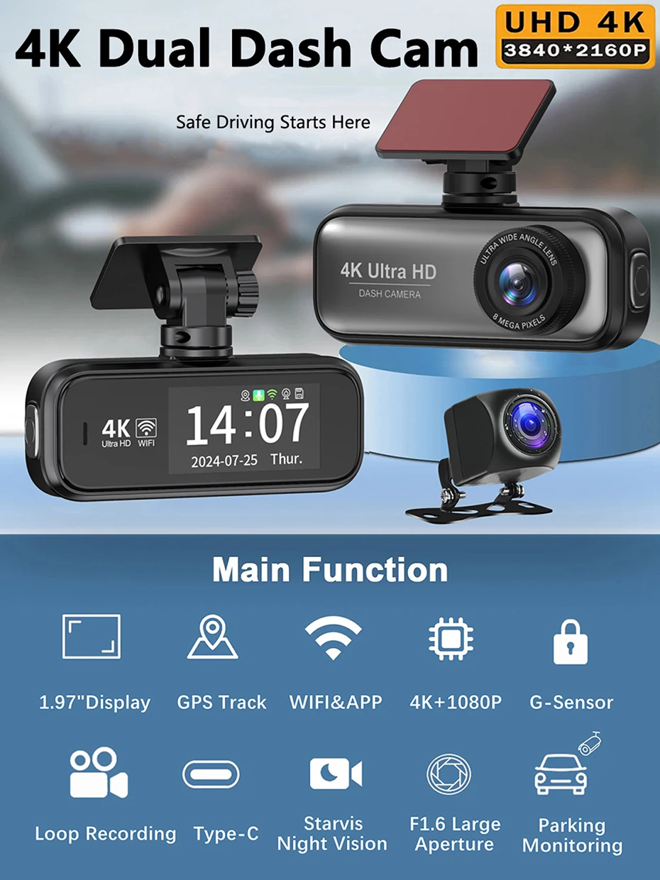 Dash Cam 4K Front and Rear 1080P, WiFi GPS Car Camera,Dual Dash Camera for Cars,Smart App Control,Night Vision, Parking Mode DVR