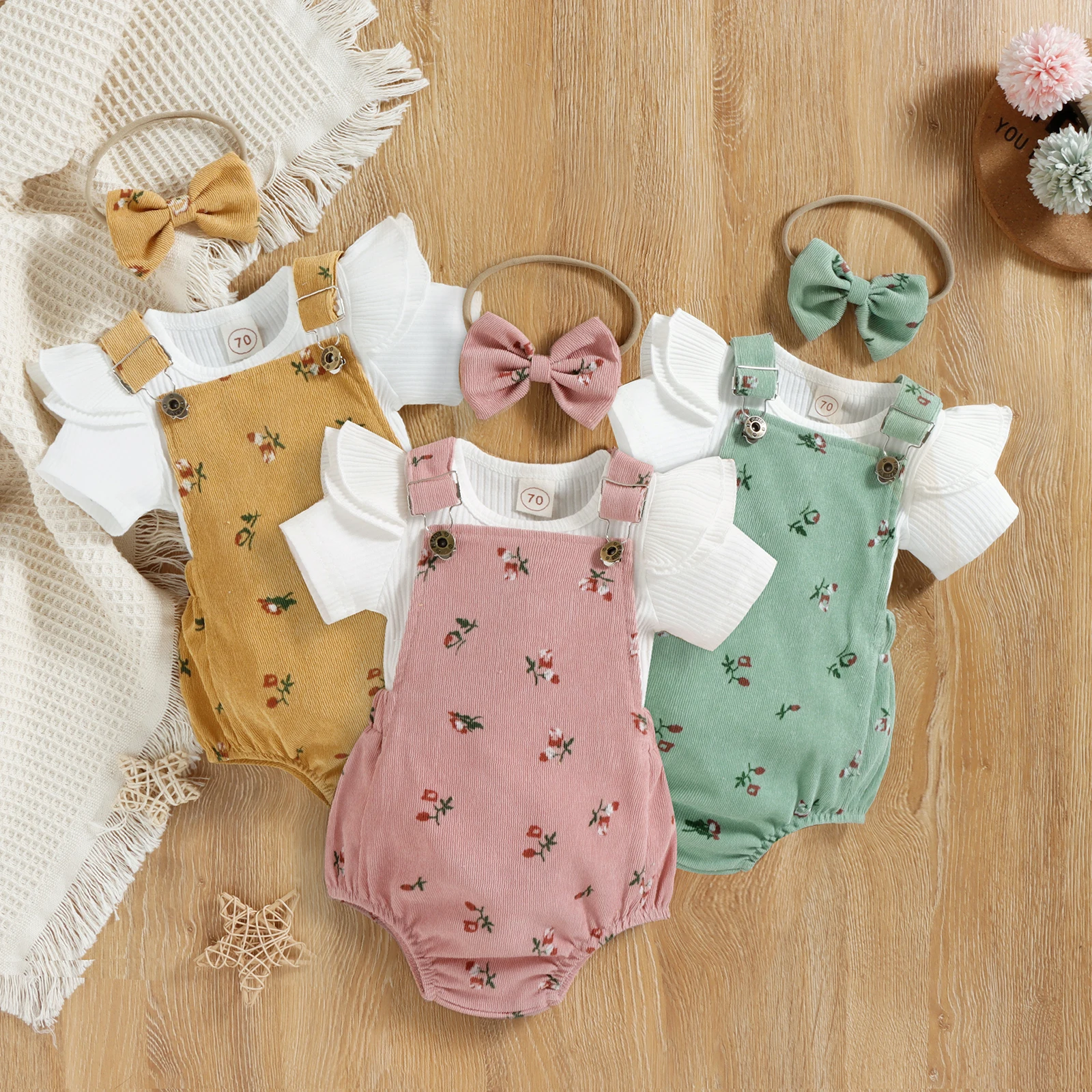 

Infant Baby Clothing Girl Summer Fly Sleeve Round Neck Tops + Flower Pattern Suspender Jumpsuit + Bow Headband Clothes