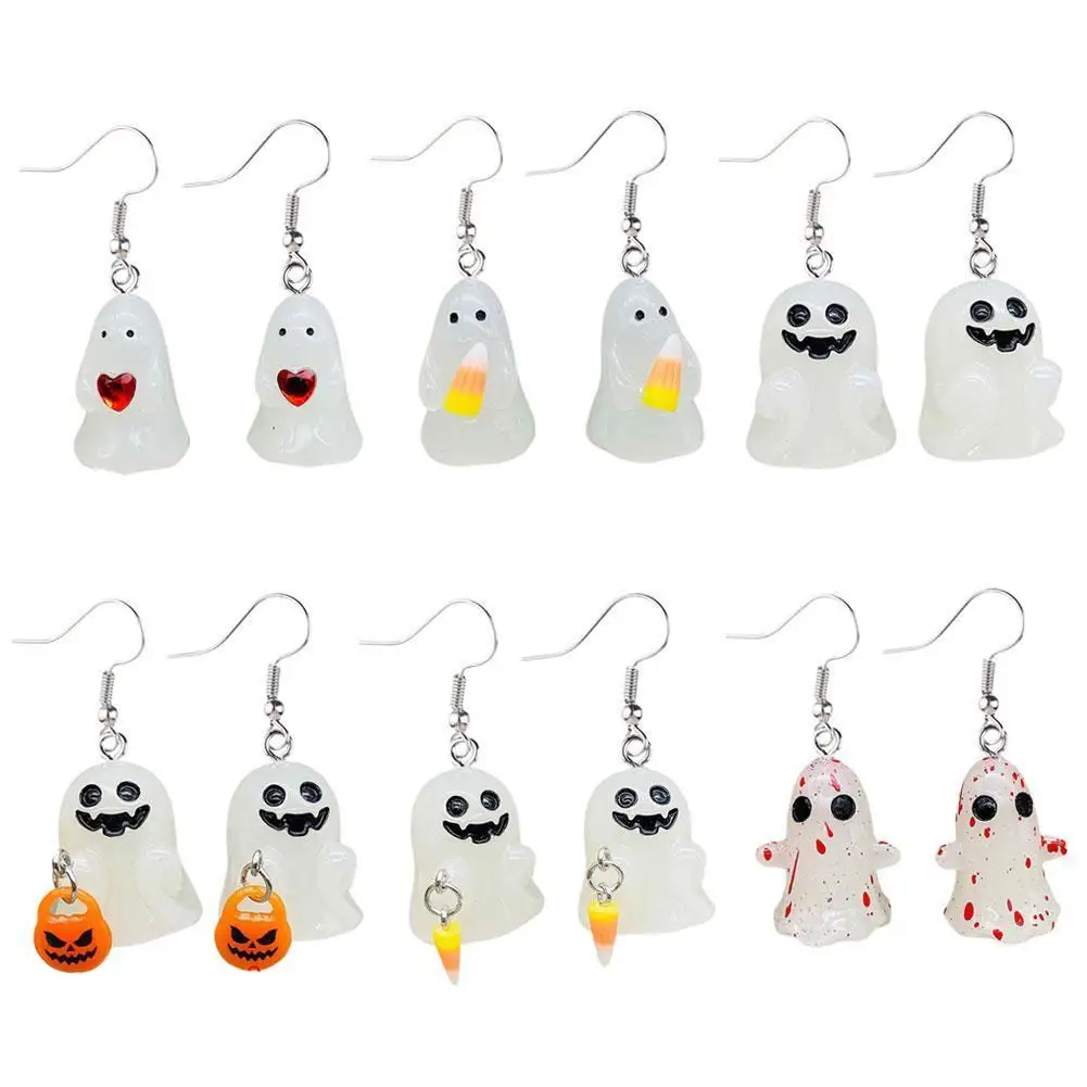 1 Pair Night Light Ghost Acrylic Halloween Earrings For Woman Luminous Ghost Pumpkin Corn Candy Pendant For Girl Birthday Gift