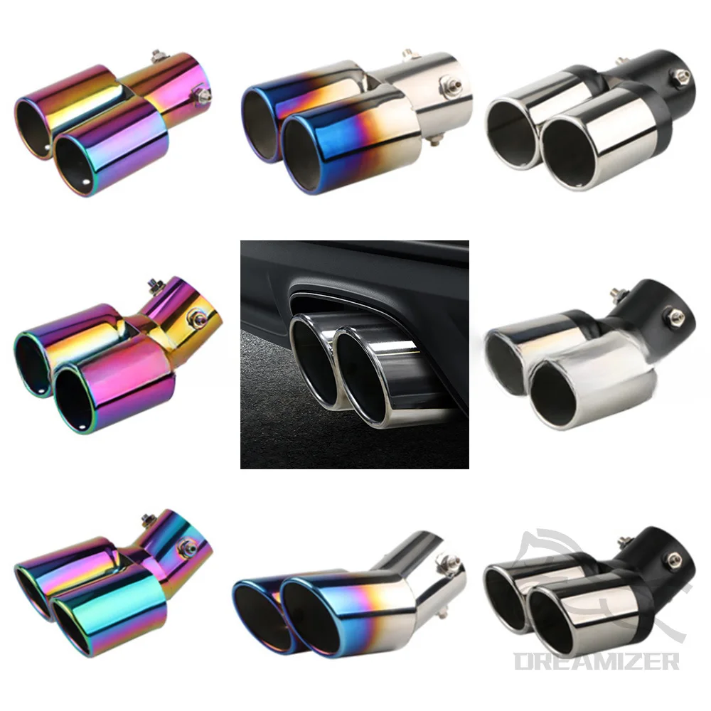 

Car Styling Universal Car Decoration Chrome Tail Pipe Car Exhaust Trim Muffler Pipe Tail Stainless Steel Curved Double Outlet