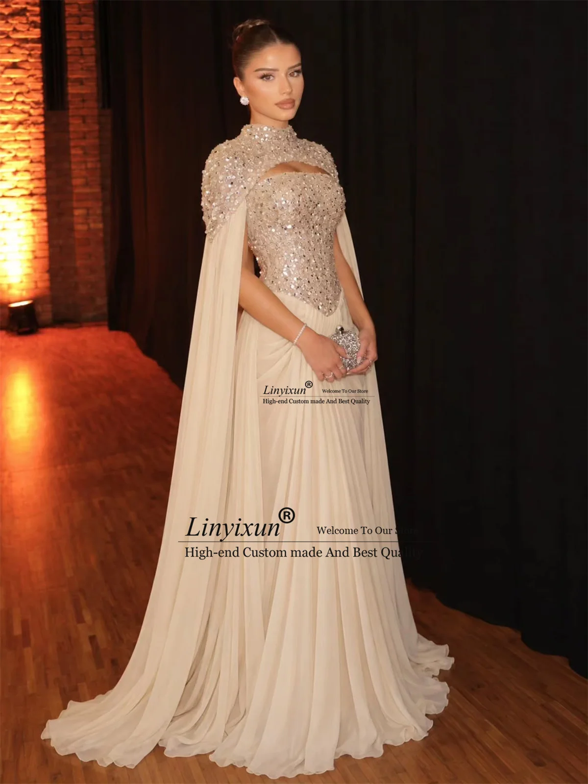 Arabic Dubai Prom Dresses With Cape Customized Luxury Diamond Crystals Evening Gown African Long A Line Birthday robes de soirée