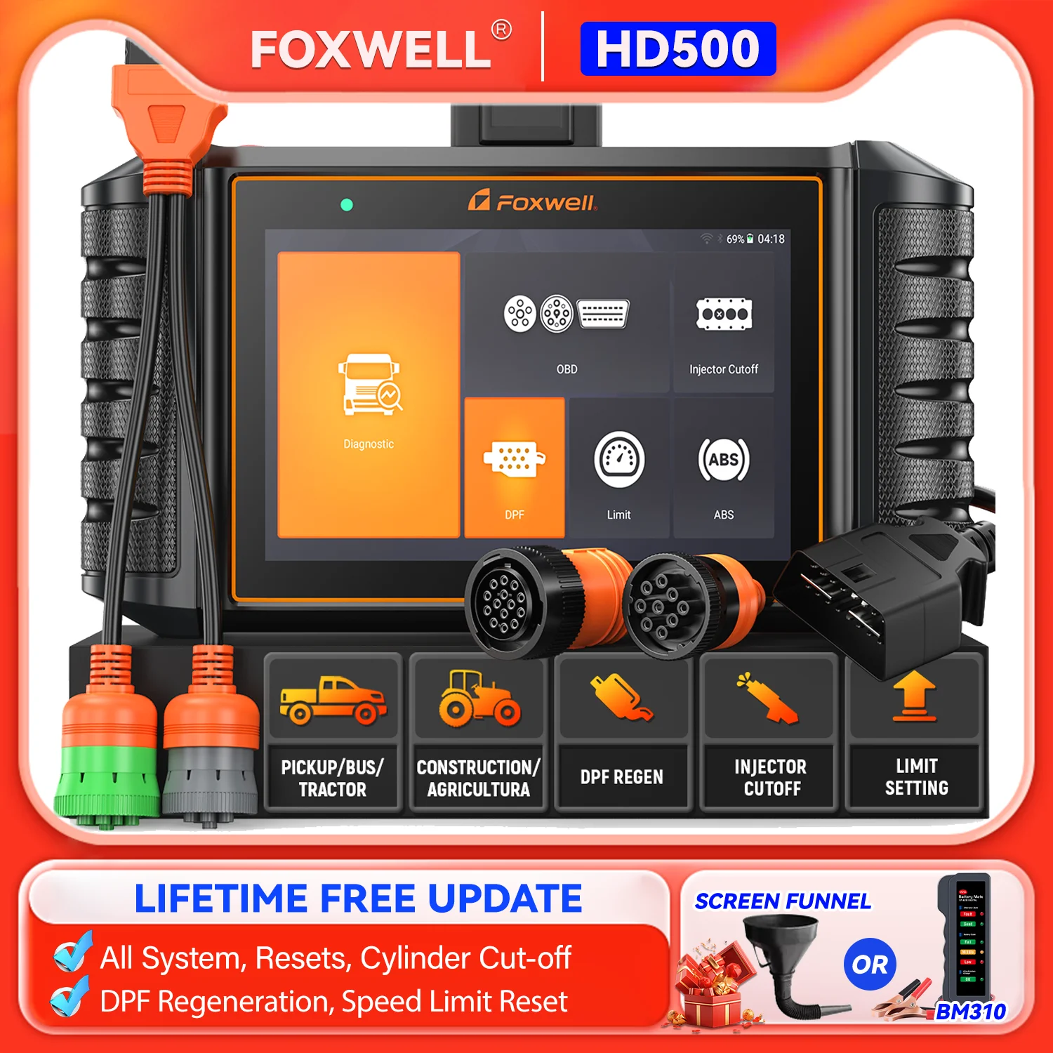 FOXWELL HD500 Heavy Duty Truck Scanner with DPF Regen/Injector Cutoff/Limit Full System Diesel Diagnostic Truck Scan Tool