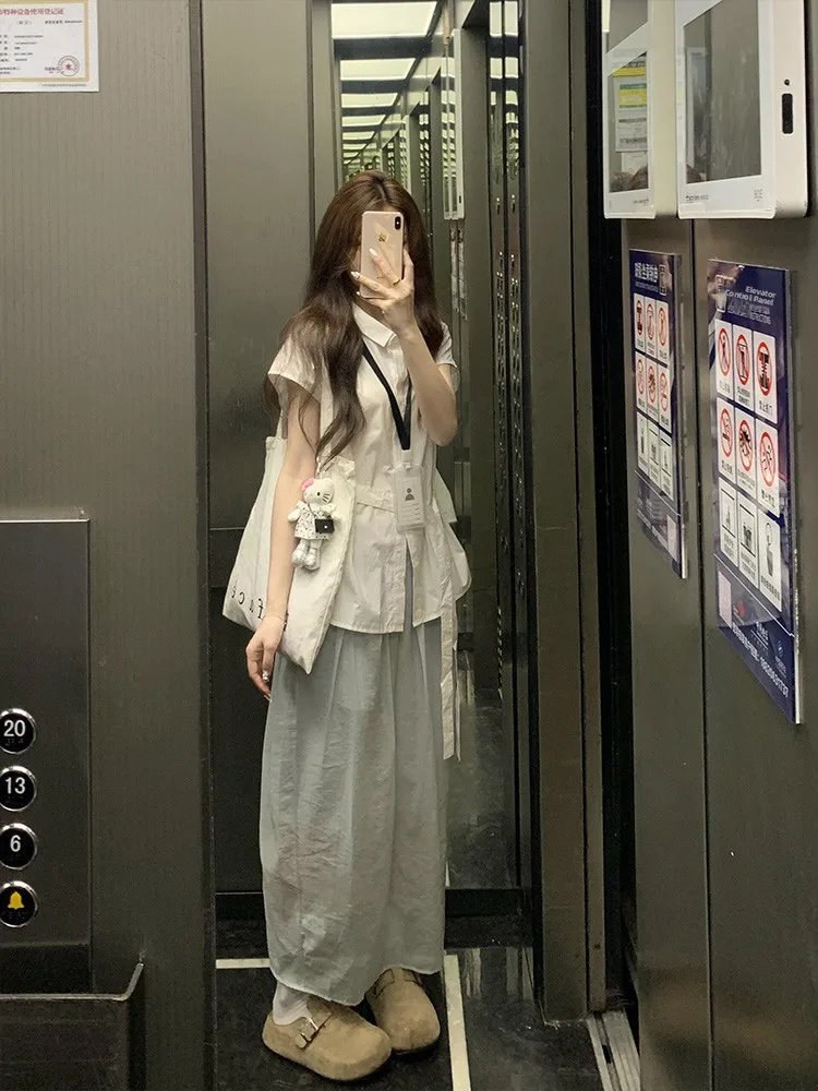 เสื้อผ้าสไตล์เกาหลี รุ่น Sle Ne Ribbon สีขาว หรือ Sve irt สำหรับผู้หญิง ฤดูร้อน ช่วยกระชับเอว ดีไซน์เรียบง่าย เข้าได้กับทุกชุด