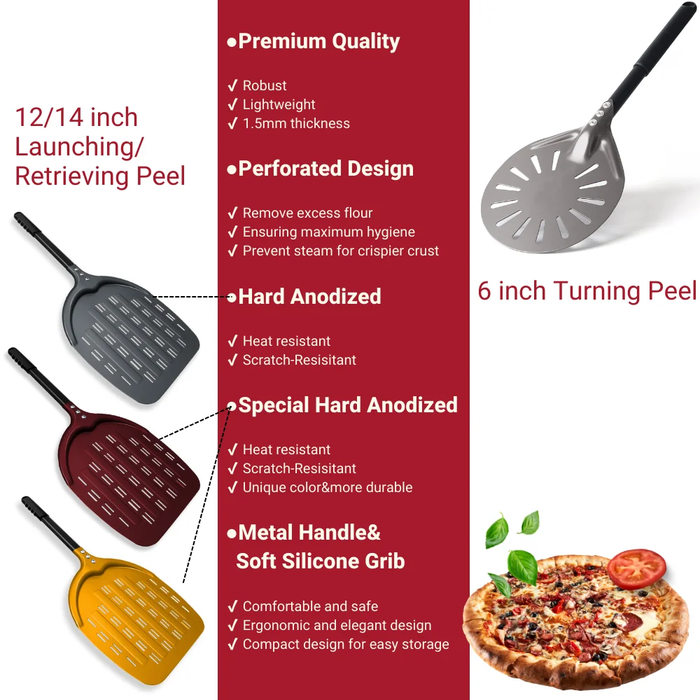 12 14 &6 Inch Pizza Peel Long Handle Turning Paddle Aluminum Pizza Turner Baking Tool Perforated 2 pack Kitchen Accessories