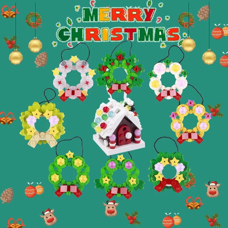

MOC Winter City Christmas Decoration Flower Wreath Building Blocks Christmas House Santa Claus Figures Model Bricks Kid Toy Gift