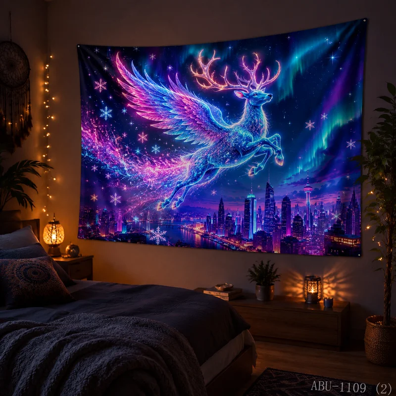 VIKAMA Aurora Urban Elk Christmas Tapestry, High Definition Cloth, Modern City-Style Festive Room Background