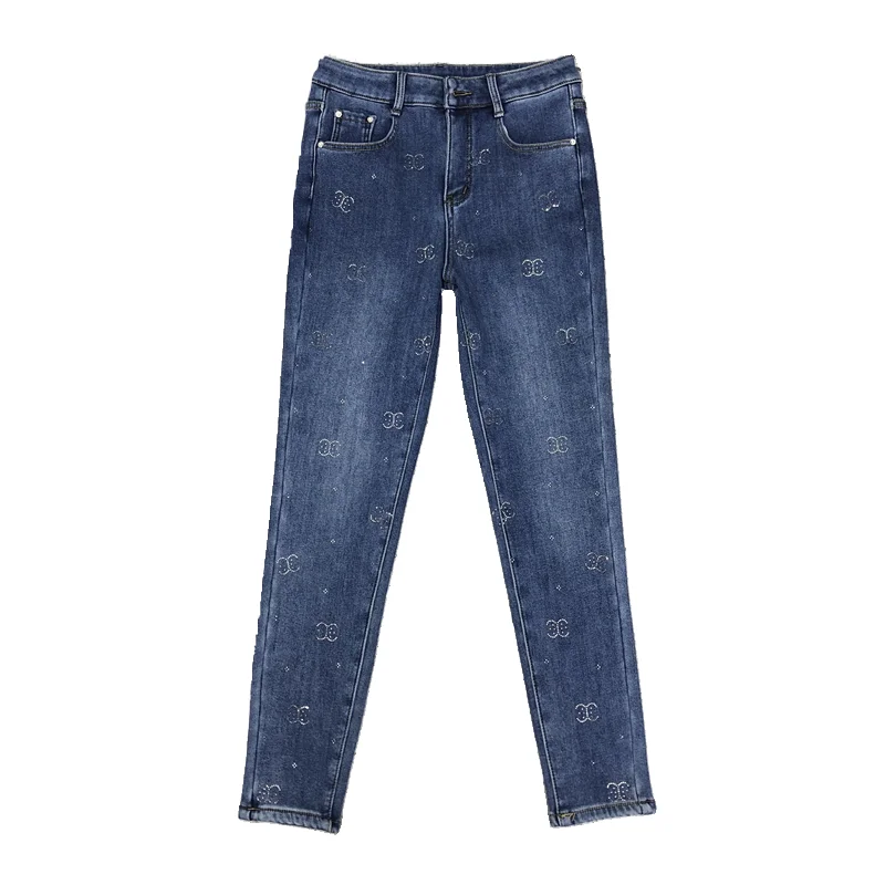 Pantalones vaqueros azules de terciopelo grueso para mujer, Jeans ajustados de cintura alta, cálidos, a la moda, invierno, 2022