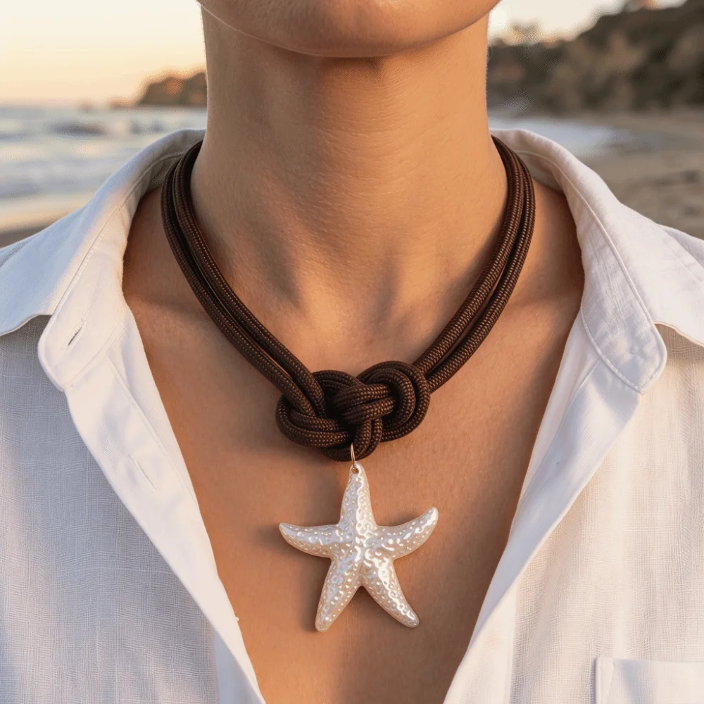 Exaggerated Bow Pearl Knotted Design Necklace Trendy Leaves Starfish Scallops Drawstring Pendant Chunky Colorful
