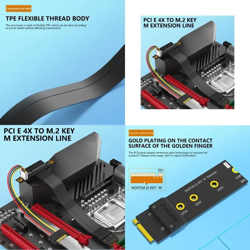 

652F PCIe 4X Extension Cable PCIE 4X To M.2 M 2230 2242 2260 2280 Risers Card With 4Pin Power Cable for 2230 2242 2260