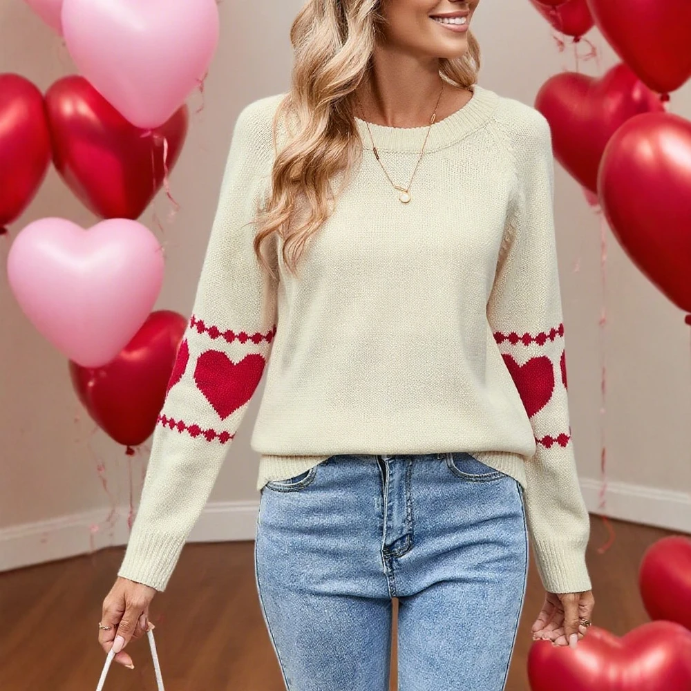 

Женский вязаный свитер с длинным рукавом и круглым вырезом, осень-зима, европейский стиль, модный тренд с узором в виде сердца