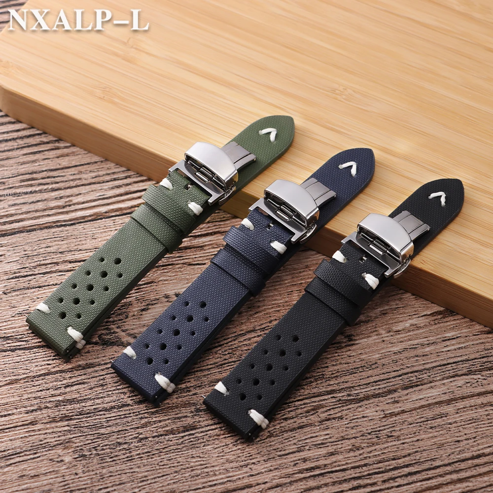 Sailcloth حزام تنفس الجلود حزام (استيك) ساعة 18 مللي متر 20 مللي متر 22 مللي متر ل أوميغا ل سايكو الأشرطة فراشة مشبك سوار الإفراج السريع