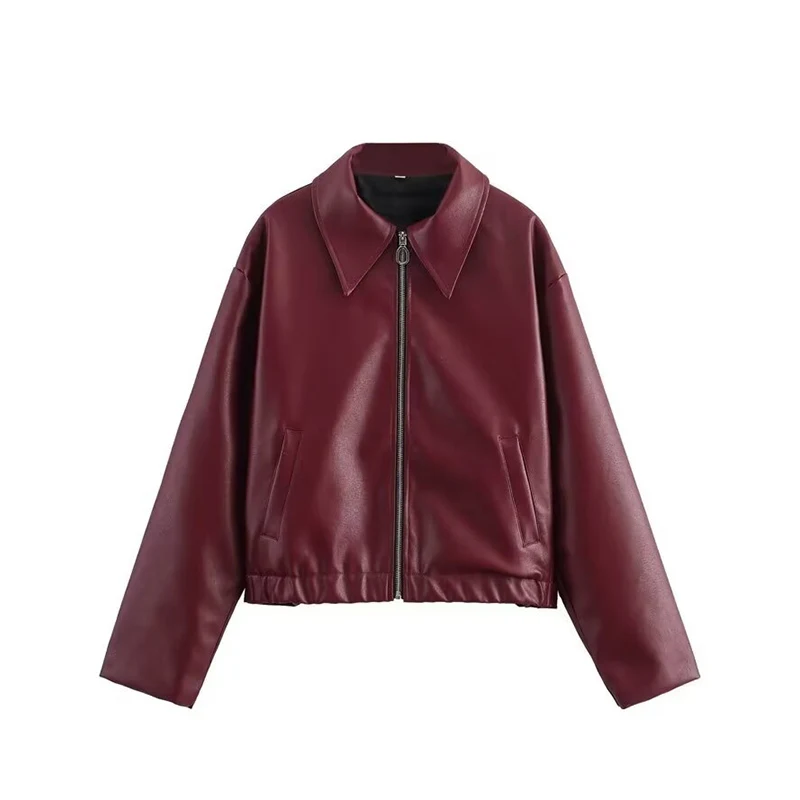 ZAB Autunno delle nuove donne Faionable Casual Sle Long Sve Stand Colletto in pelle Jaet Street Sle Cappotto in fibra di poliestere